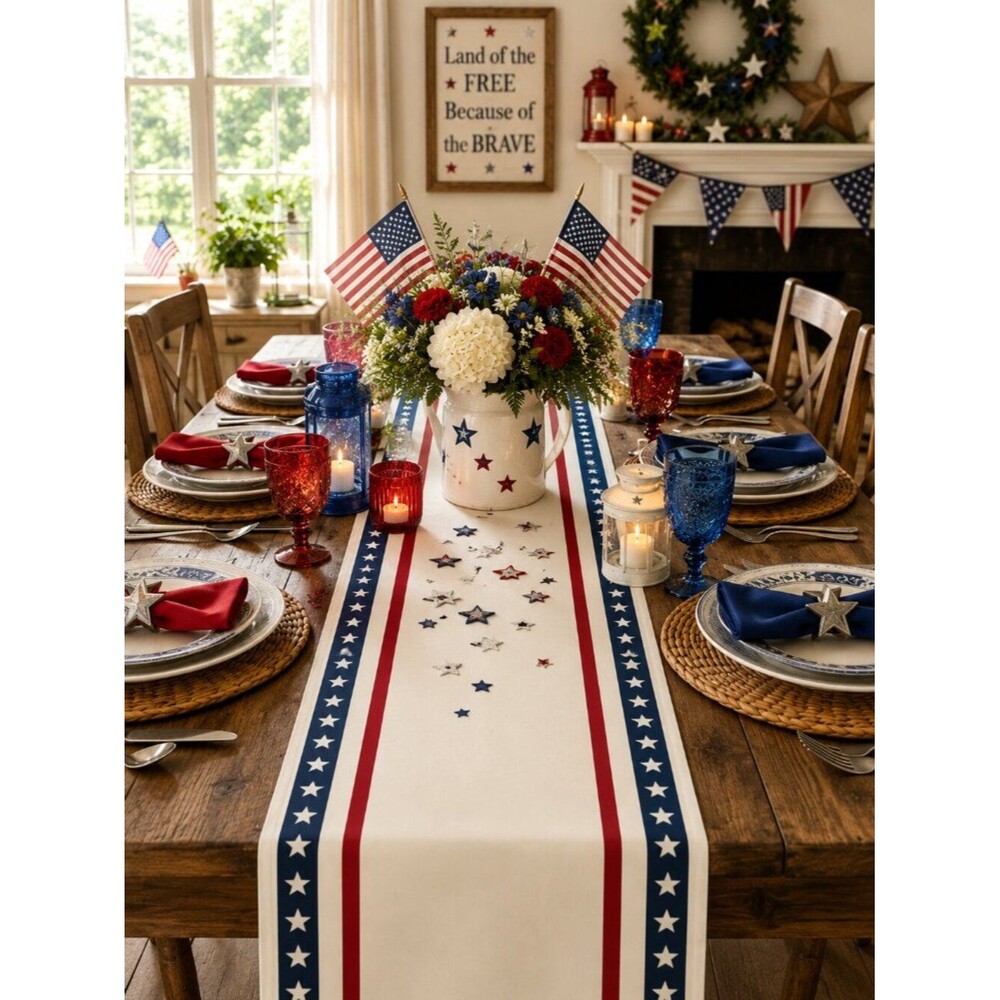 Patriotic table runner Classic stars and stripes Americana 13" x 48" Cottagecore